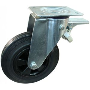 Stalen zwenkwiel, 250mm diameter, rubber loopvlak, glijlager, dubbele rem, voorloop