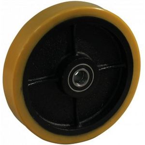 Gietijzeren wiel, 250mm diameter, PU loopvlak, kogellager