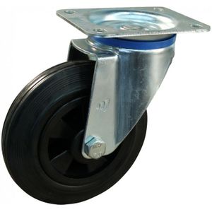Stalen zwenkwiel, 250mm diameter, rubber loopvlak, rollager