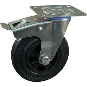 Rvs zwenkwiel, 160mm diameter, rubber loopvlak, glijlager, dubbele rem, naloop