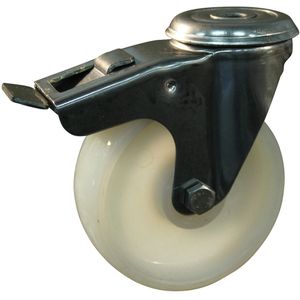 Rvs zwenkwiel, 125mm diameter, PP loopvlak, rollager RVS, dubbele rem, naloop
