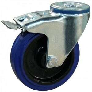 Stalen zwenkwiel, 125mm diameter, elastisch rubber loopvlak, rollager, dubbele rem, naloop
