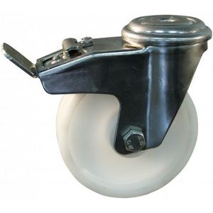 Rvs zwenkwiel, 80mm diameter, PA loopvlak, glijlager, dubbele rem, naloop