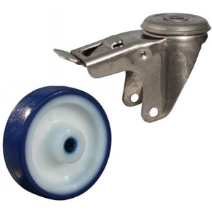 Rvs zwenkwiel, 100mm diameter, PU loopvlak, rollager RVS, dubbele rem, naloop