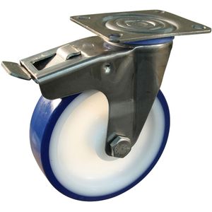 Rvs zwenkwiel, 80mm diameter, PU loopvlak, glijlager, dubbele rem, naloop