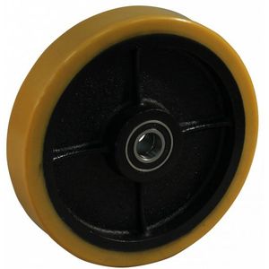 Gietijzeren wiel, 300mm diameter, PU loopvlak, kogellager