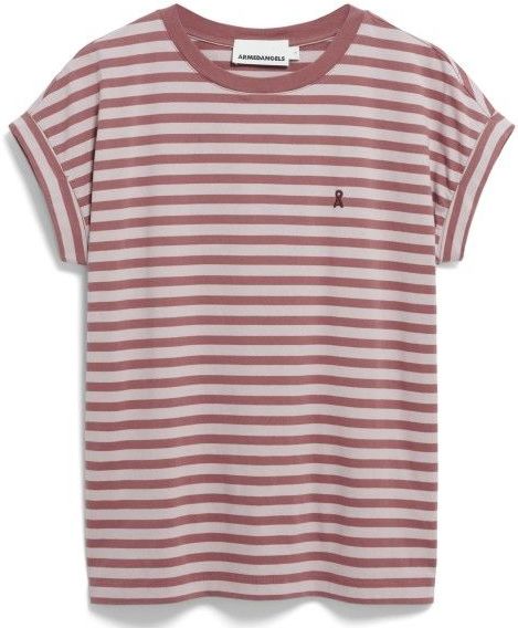 ARMEDANGELS - Shirt - Mokka/Wit - Ronde Hals - Losse Pasvorm - Kwartmouw