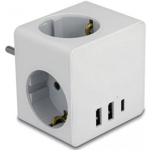 Delock Steckdosenwürfel 3-fach mit Kindersicherung und USB Ladegerät