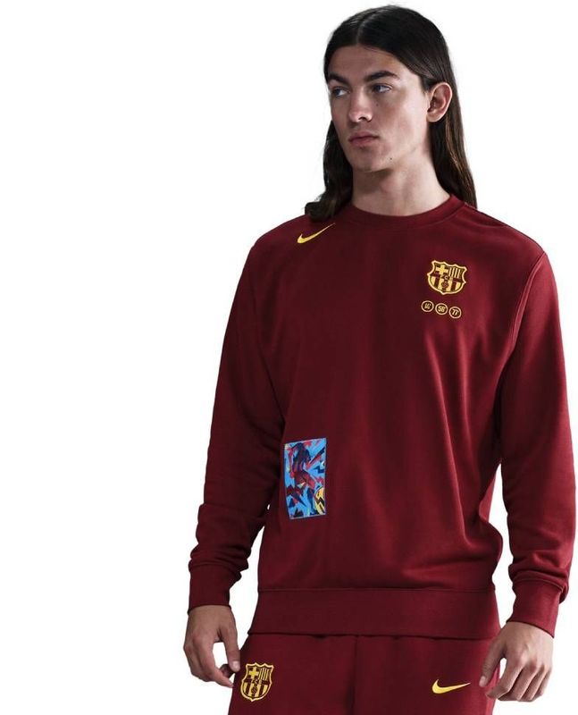 Nike FC Barcelona Club Fleece Crew Sweater 2025-2026 Donkerrood Geel
