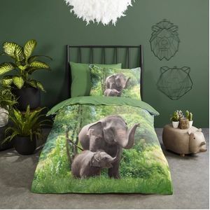 Dekbedovertrek Good Morning Elephants Green Katoen-140 x 200 / 220 cm | 1-Persoons
