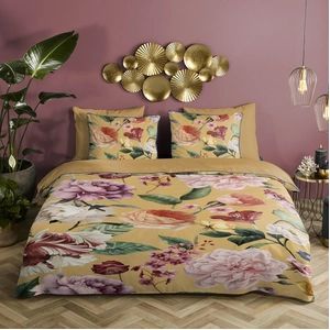 Fiori - Descanso Dekbedovertrek - Bloemenprint - Oker - 100% Katoen Satijn
