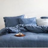 Yumeko overtrekset velvet flanel denim blauw stripe 140x220 + 1/60x70 - Biologisch & ecologisch