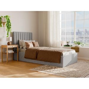 Bed met opbergruimte 90 x 190 cm met hoofdbord met verticale stiksels - Stof - Grijs + matras - SARAH
