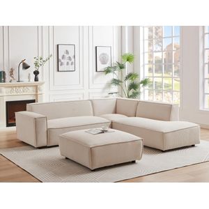 BORORE - Hoekbank Rechts - Beige Ribfluweel - Inclusief Poef