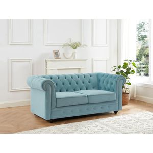Chesterfield - Twee Zitsbank - Pastelblauw - Velours - Gecapitonneerd