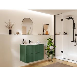 Gestreept hangmeubel voor badkamer met inbouwwastafel - Mat groen - 80 cm - ZEVINI