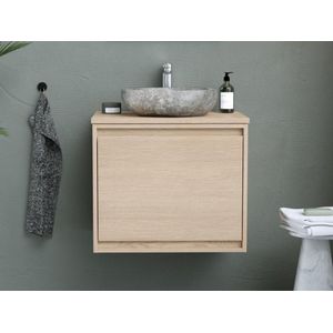 Hangend badkamermeubel met opzet wastafel van steen - Eiken fineer - 60 cm - MESLIVA