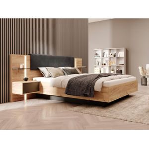 Bed met opbergruimte en nachtkastjes – 160 x 200 cm – Ledverlichting – houtlook en antraciet – Met matras — ELYNIA