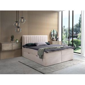 Complete decoratieve bedset met hoofdbord + bedbodem met opbergruimte en lade + matras + topmatras - 160 x 200 cm - Stof - Beige - ARAO van YSMÉE