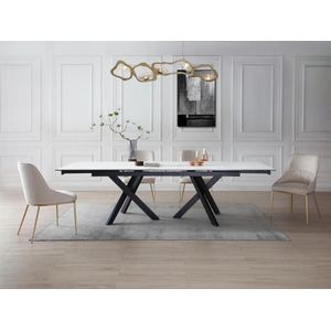 Uitschuifbare eettafel voor 8 tot 12 personen in gehard glas en keramiek - Look van wit marmer en zwart - MARISO