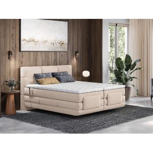 Set boxspringbed met hoofdbord met capitons + elektrische relaxbedbodems + matras + dekmatras - 2 x 90 x 200 cm - Beige - LODI van PALACIO