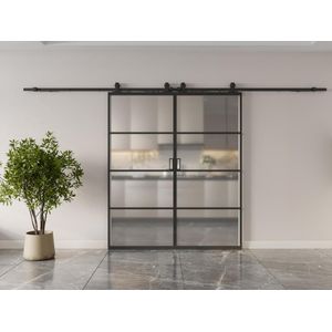Dubbele schuifdeur met wandbevestiging - aluminium en gehard matglas - 2 x H205 x L63 cm - SINCA II