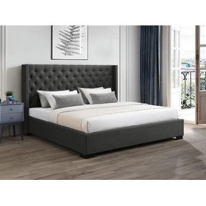 Bed 200 x 200 cm met hoofdbord met capitons - Stof - Grijs + matras - MASSIMO