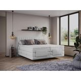 Set boxspringbed met hoofdbord en verticale stiksels + elektrische relaxbedbodems + matras + dekmatras - 2 x 90 x 200 cm - Velours - Lichtgrijs - DONISI van PALACIO