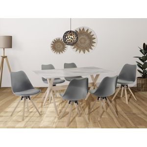 Eettafel 6 plaatsen van mdf en beuken - Wit en licht naturel - SERANI