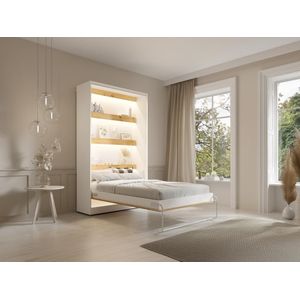Opklapbaar bed 120 x 200 cm - Verticale handmatige opening - Met ledverlichting - Wit en naturel - RAPILI