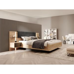 Bed met opbergruimte en nachtkastjes 140 x 190 cm – Met ledverlichting – Kleur: houtlook en antraciet – Met matras – ELYNIA