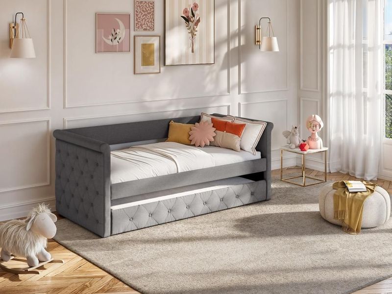 Bed met slaaplade LOUISE - 2 x 90 x 190 cm - Grijze stof