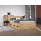 Bed met opbergruimte 140 x 190 cm met nachtkastjes - Kleur: houtlook en zwart + matras - LUDARO