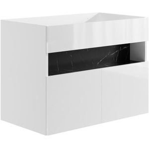 Wastafelmeubel met ledverlichting - Wit en zwart met marmerlook - L80 cm - POZEGA