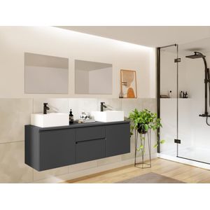 Hangend badkamermeubel met dubbele wastafel en spiegels - Grijs - 150 cm - JIMENA II
