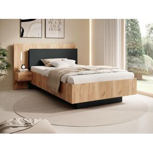 Bed met nachtkastjes 120 x 200 cm - 2 lades - Met ledverlichting - Kleur: naturel en antraciet - FRANCOLI