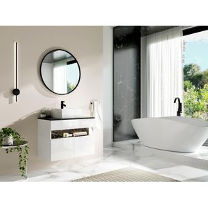 Zwevend badkamermeubel met ledverlichting en opzetwastafel - Wit en zwart met marmerlook - L80 cm - POZEGA