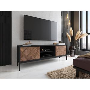 Tv-meubel met 2 lades en 2 nissen - Zwart en donker naturel - MIALINE