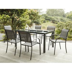 Tuineethoek van aluminium: een tafel L150 en 6 fauteuils - Antracietgrijs - JOLANE