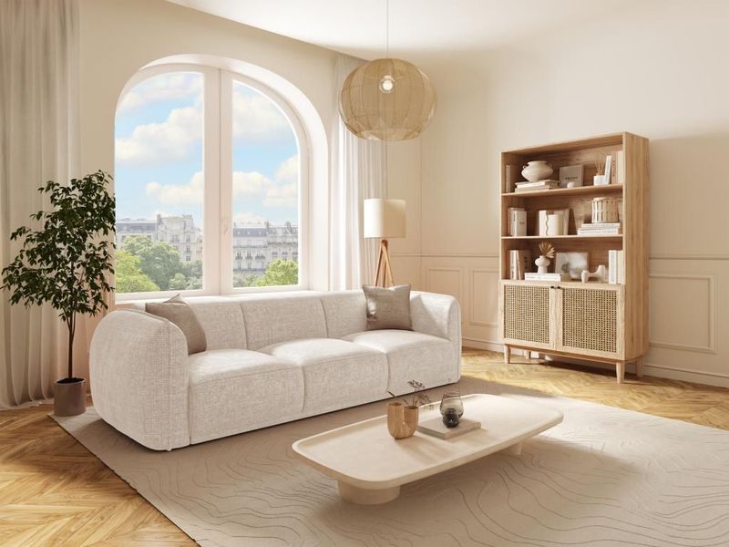 Driezitsbank van beige stof met textuur JUNETI