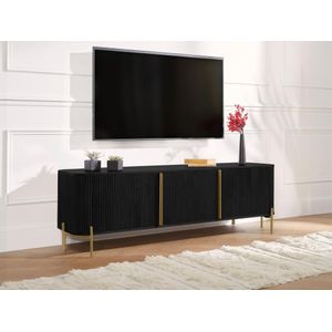 Tv-meubel met 3 deurtjes van mangohout en metaal - Zwart en goudkleurig - BALIMELA