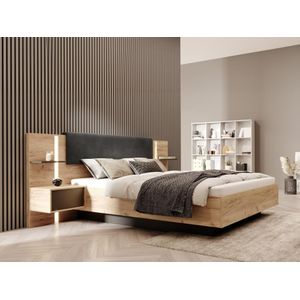 Bed met nachtkastjes 160 x 200 cm - Met ledverlichting - Kleur: naturel en antraciet + bedbodem - ELYNIA