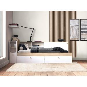 Bed 90 x 200 cm met opbergruimte - Wit en houtlook + bedbodem - LIARA
