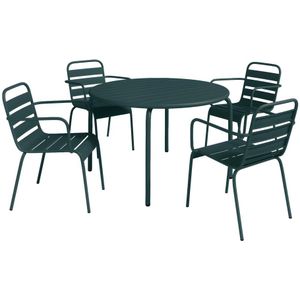 Tuineethoek van metaal - Een tafel D110 cm en 4 opstapelbare fauteuils - Spargroen - MIRMANDE van MYLIA