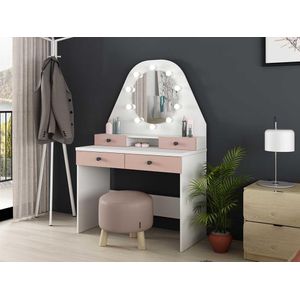 Kaptafel GABRIELA - Spiegel met ledverlichting en opbergruimtes - Wit en roze