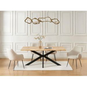 Eettafel voor 6 personen in heveahout en zwart metaal - Lichte houtlook - COMULIA