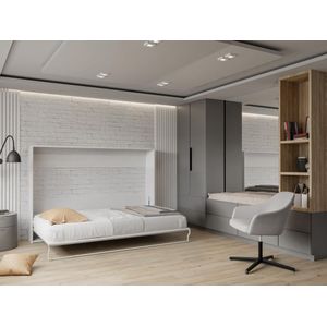 Opklapbaar bed 140 x 200 cm - Horizontale handmatige opening - Wit en grijs - MALINA II