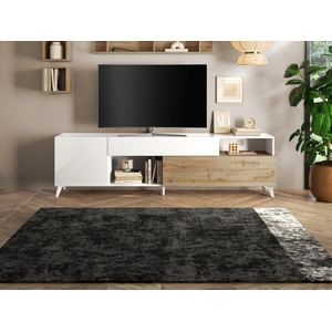 Tv-meubel met 2 deurtjes, 1 lade en 2 nissen - 241 cm - Wit gelakt en houtkleur - DONALA