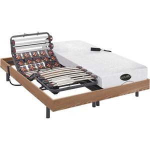 Verstelbaar relaxbed met contactplaatjes en latten en matras met vormgeheugen en bamboe DAMYSOS van NATUREA - motors OKIN - 2x90x200 cm - Eiken