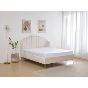 Bed van 140 x 190 cm met golvend hoofdbord - Fluweel - Beige - SAGALI